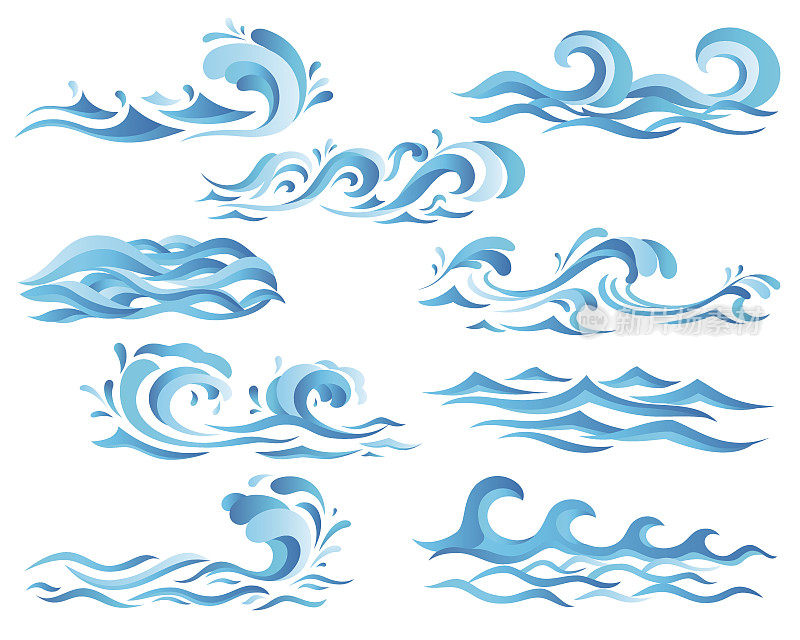 Decorative blue sea waves and surf icons with curls of powerful water stream, splashes and white foam caps. May be used in nature, marine journey or travel theme